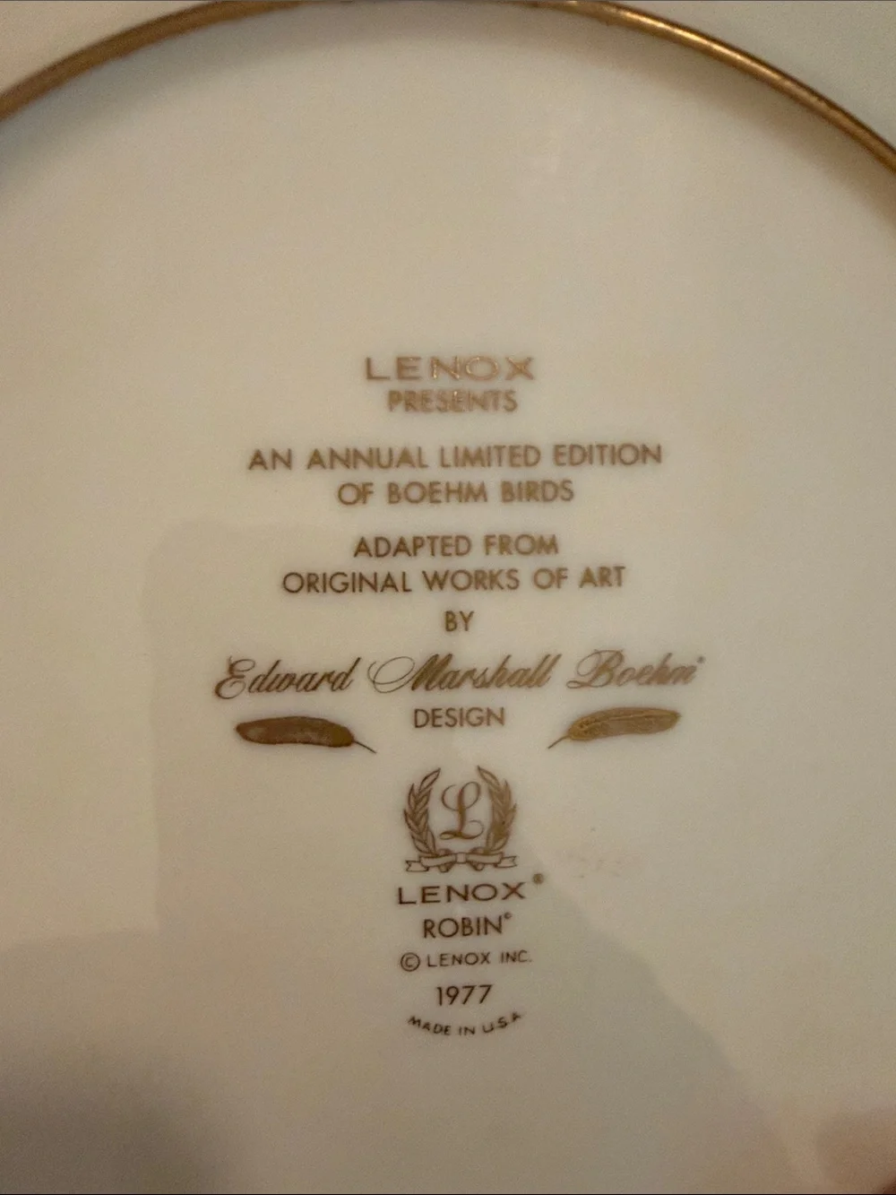 Vintage Lenox 10.75” Plate Boehm Birds Series Limited Annual Edition 1977 Robin